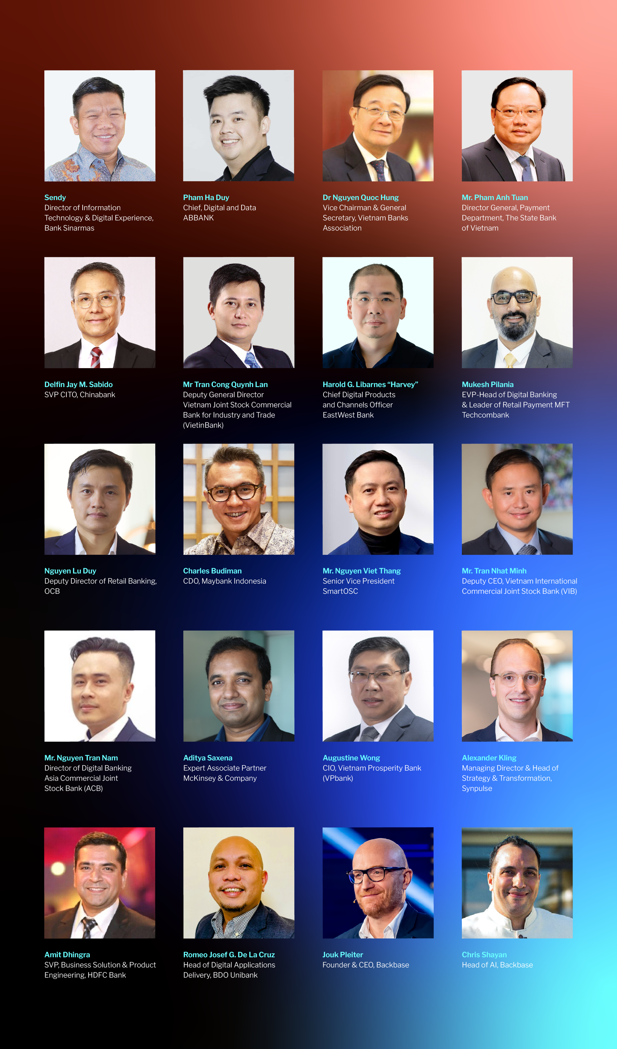 ENGAGE Asia 2024 speakers - State Bank of Vietnam, VNBA, ABBANK, ACB, Bank Sinarmas, BDO Unibank, Chinabank, EastWest Bank, HDFC Bank, Maybank Indonesia, OCB, Techcombank, VPBank, VietinBank, VIB, McKinsey, SmartOSC, Synpulse, and Backbase