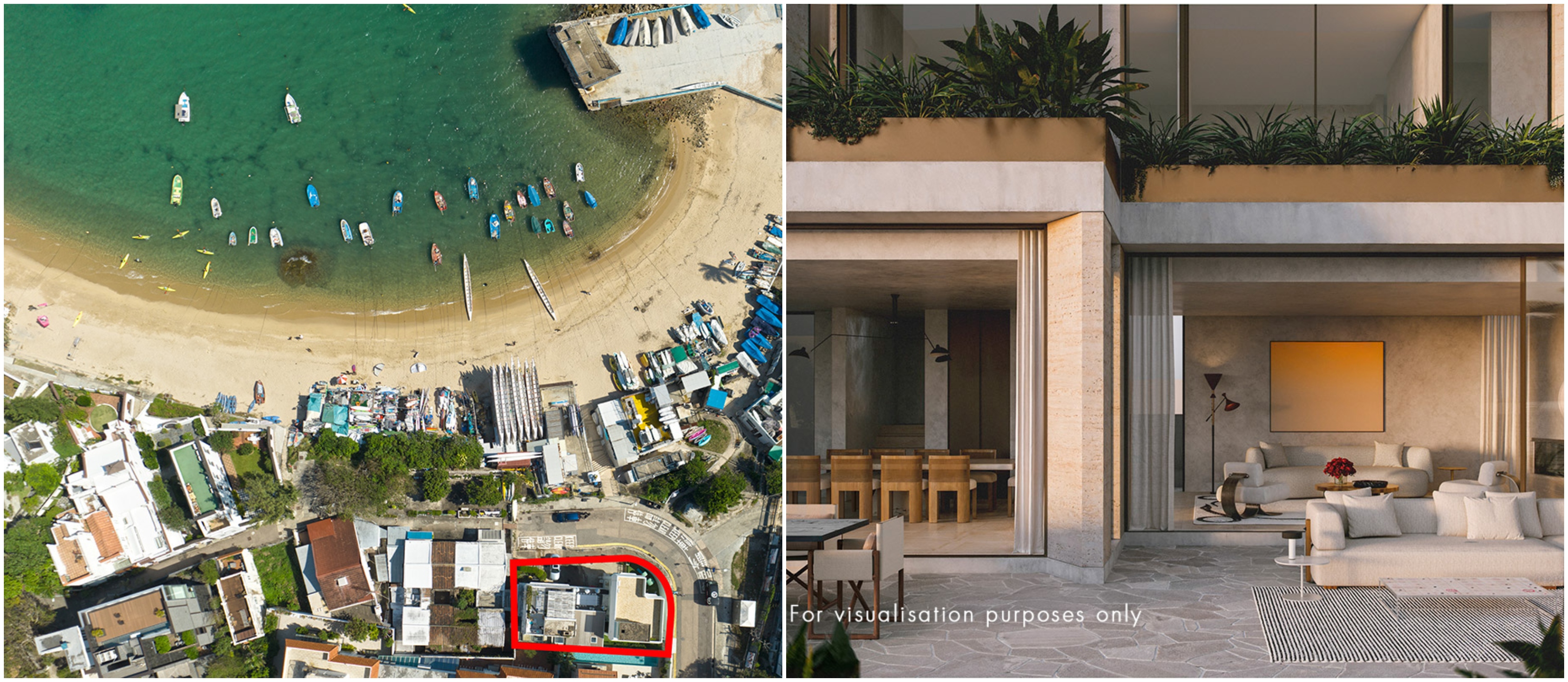 (Left) The current property on 30 Stanley Link Road. (Right) ‘Stanley House Project’ represents the highest standard in contemporary design adapted for a coastal living experience. Across the 3,269 square feet, the design will bring a stunning integration of indoor and outdoor living areas, while the elevated terrace brings ample relaxing space. It puts views, privacy, interconnectedness, and comfort all in one place. * For visualisation only