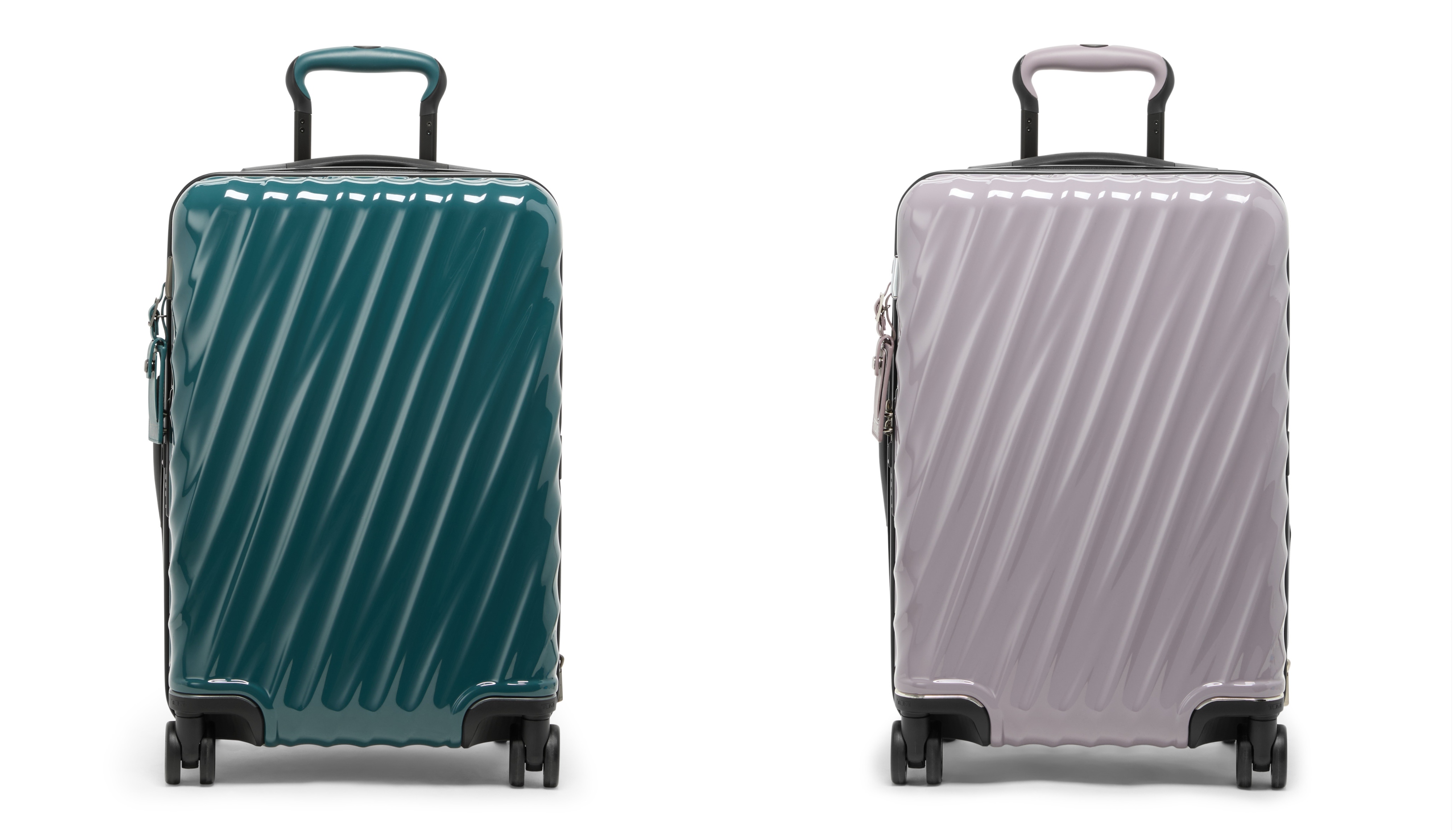 (L to R): 19 Degree International Expandable 4 Wheeled Carry-On in Lagoon and Lavender