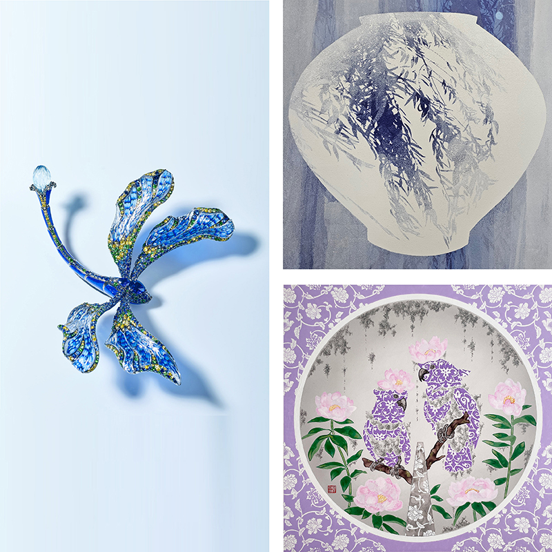 (Left) Dragonfly Fish, Ho Siu Chong, CHONG HO ART JEWELRY, Room 4518; (Top Right) Landscape (detail), Kim Hoe-won, Gallery ANN, Room 4505; (Bottom Right) Peony and Parrots, Hisahiro Fukasawa, William Chan Design, Room 4521