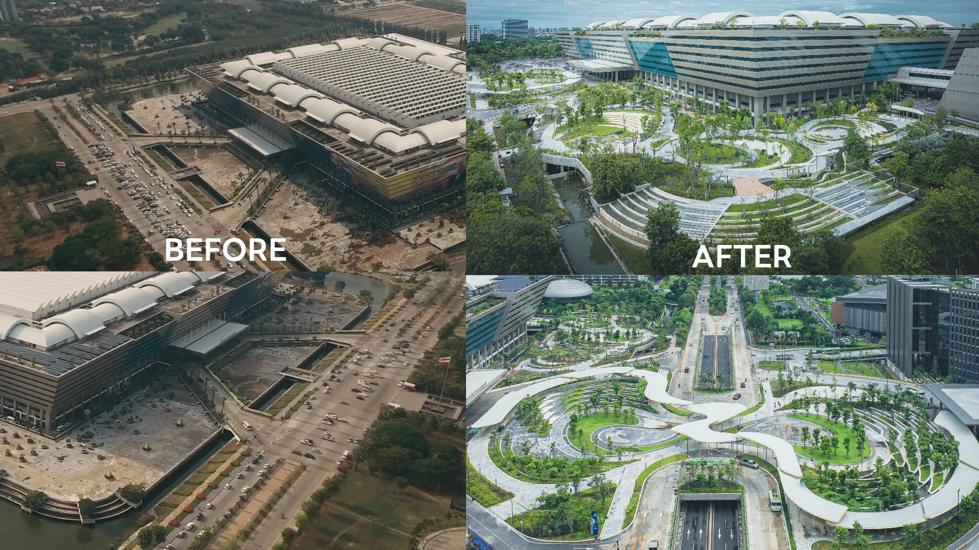 Before-and-after comparison of Government Complex Bangkok after its green redevelopment