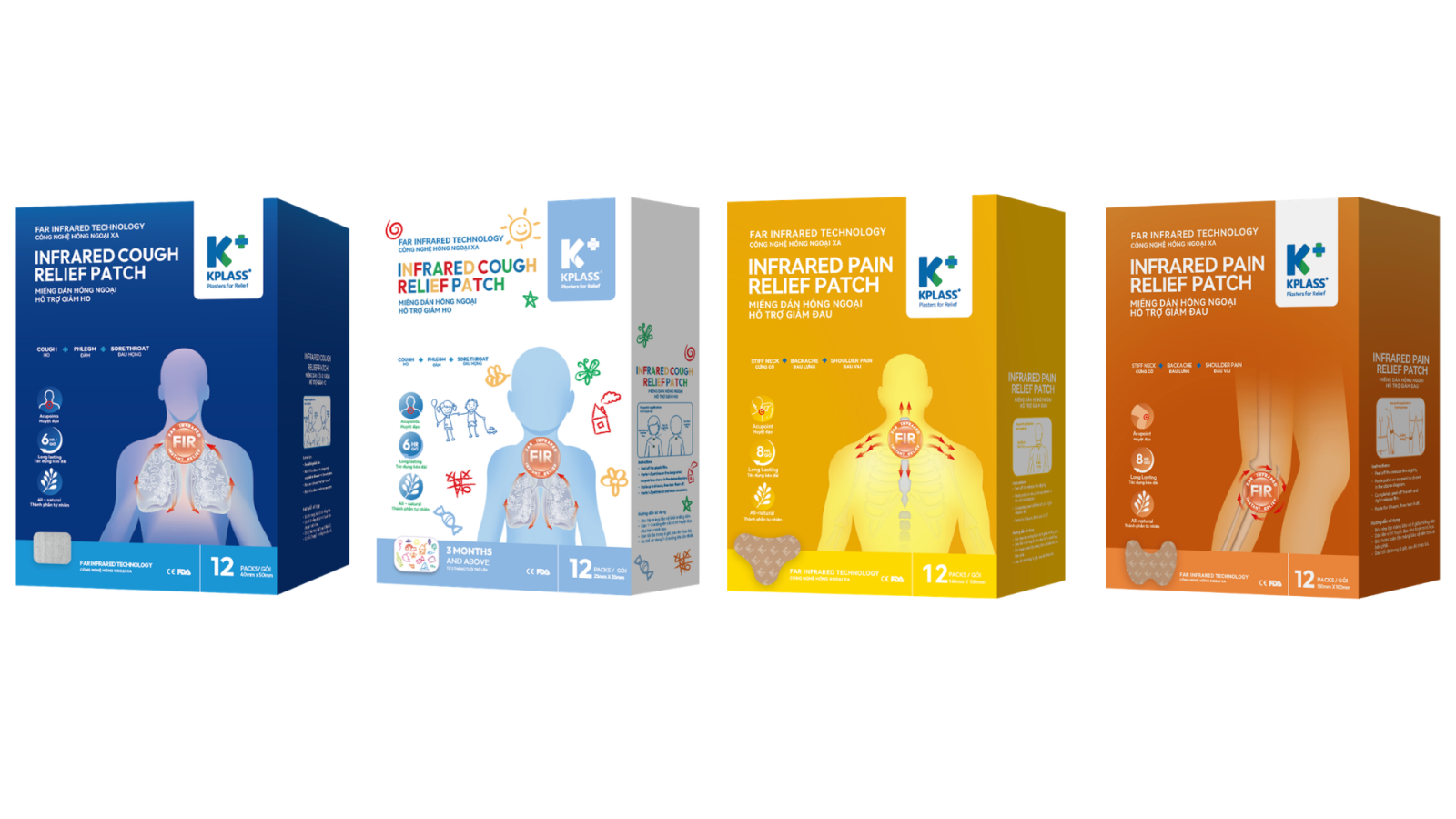 (left to right) Far-Infrared Cough Relief Patch (Adult), Far-Infrared Cough Relief Patch (Child), Far-Infrared Pain Relief Patch (Neck and Shoulder) and Far-Infrared Pain Relief Patch (Joint and Muscles).